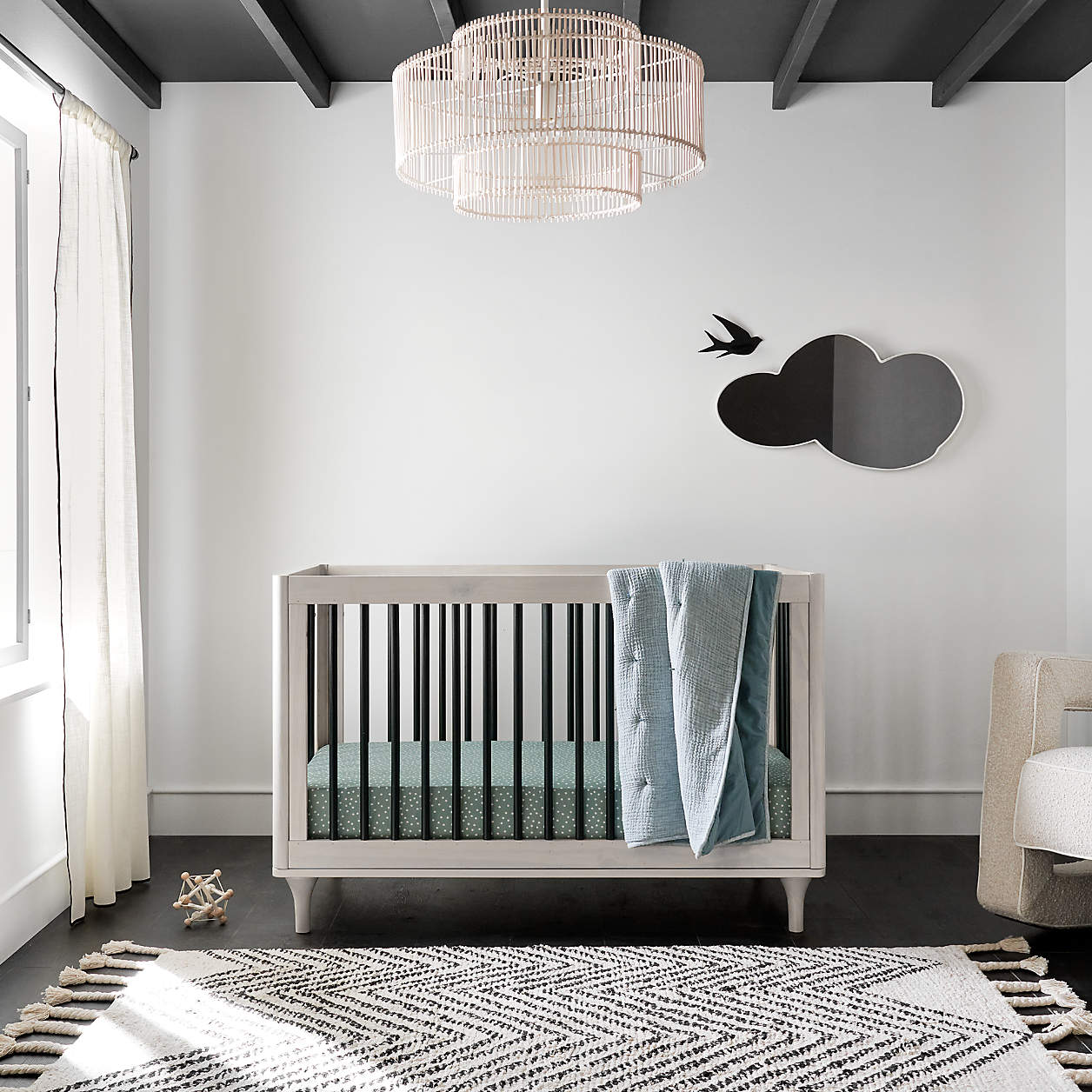 Babyletto Lolly Washed Natural & Black Wood 3-in-1 Convertible Baby Crib with Toddler Bed Conversion Kit