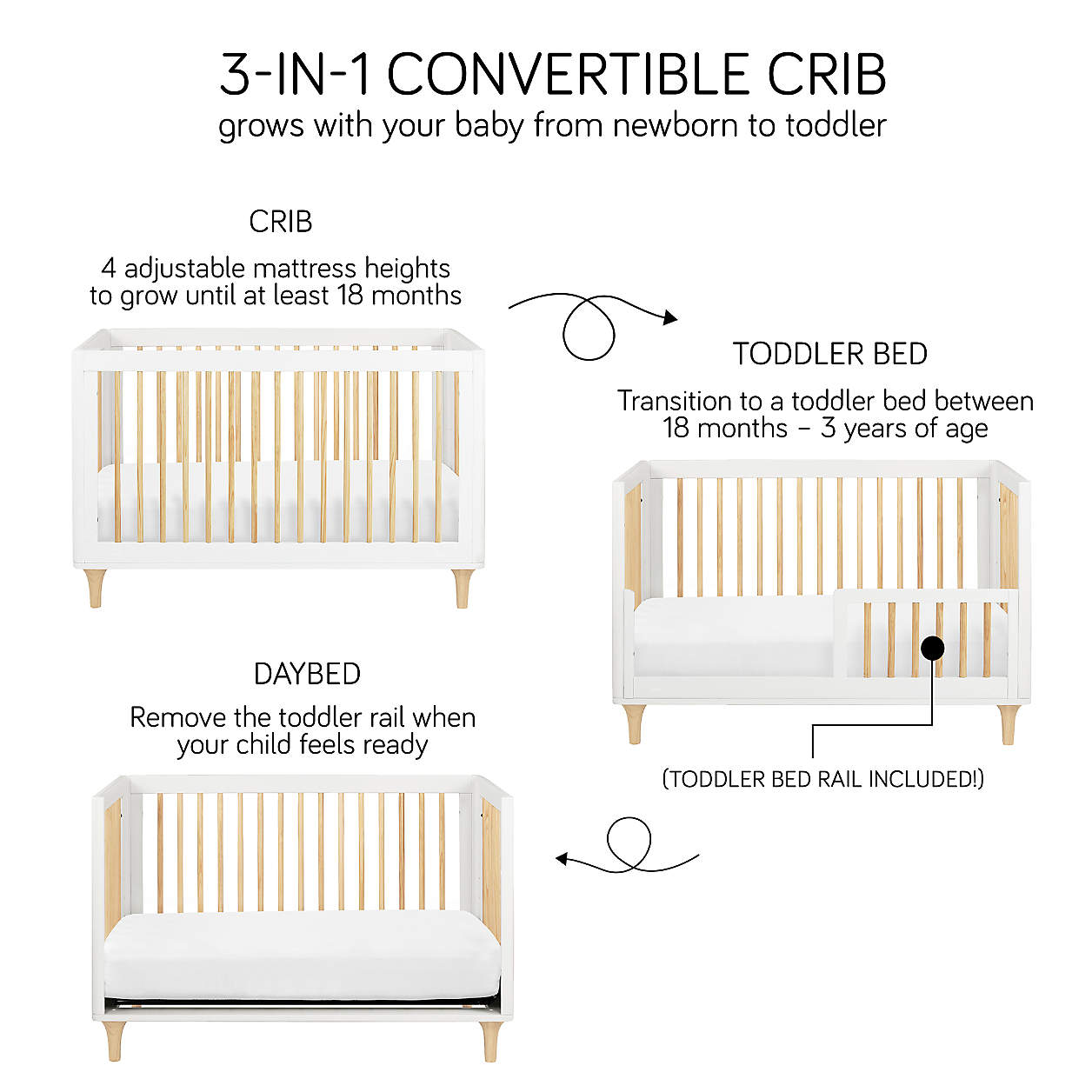 Babyletto Lolly Washed Natural & Black Wood 3-in-1 Convertible Baby Crib with Toddler Bed Conversion Kit