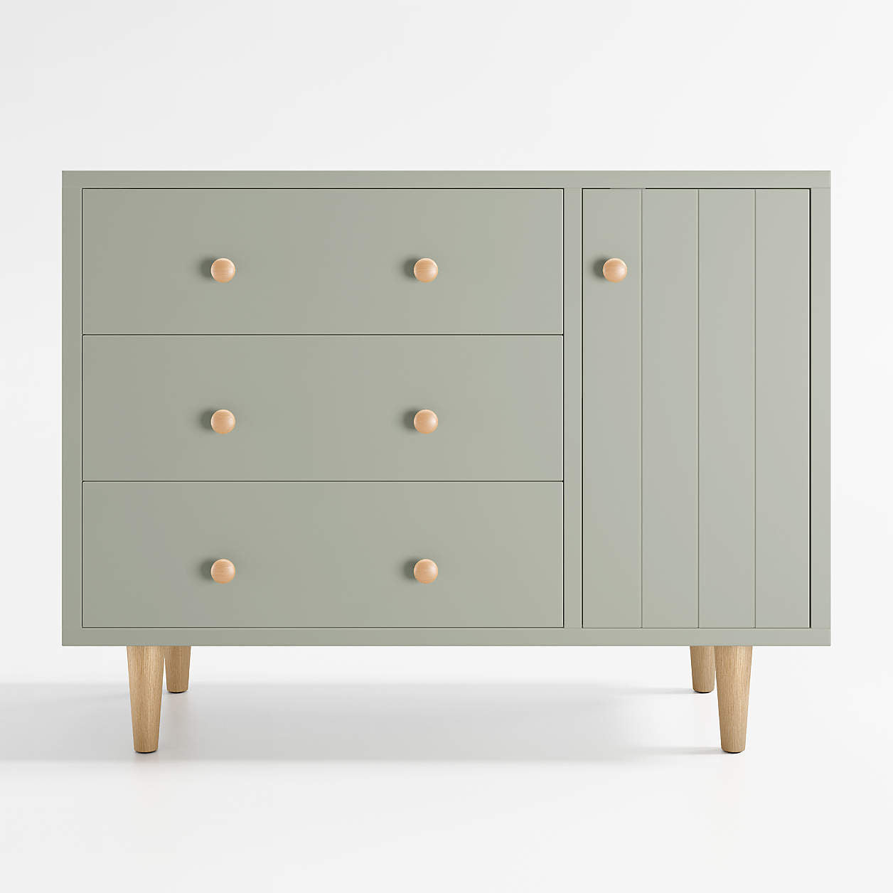 Finn Narrow Sage Green Wood 3-Drawer Kids Dresser with Door