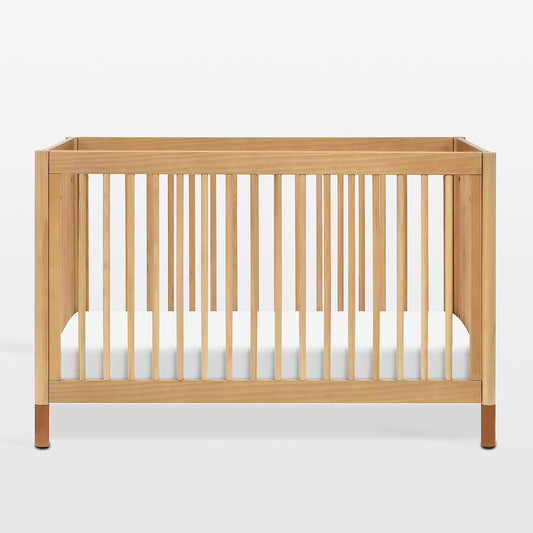 Babyletto Gelato Honey Wood & Vegan Tan Leather 4-in-1 Convertible Baby Crib with Toddler Bed Conversion Kit