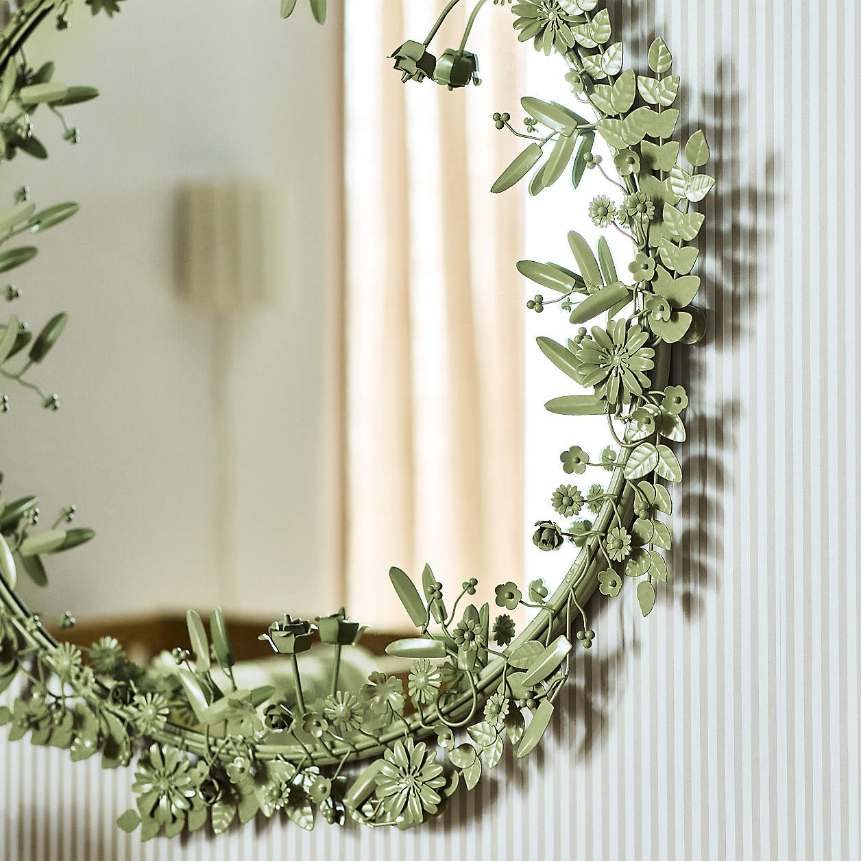 Flower Crown Sage Green Metal 30" Round Wall Mirror