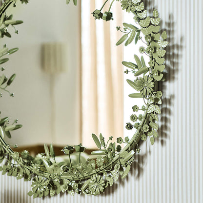 Flower Crown Sage Green Metal 30" Round Wall Mirror
