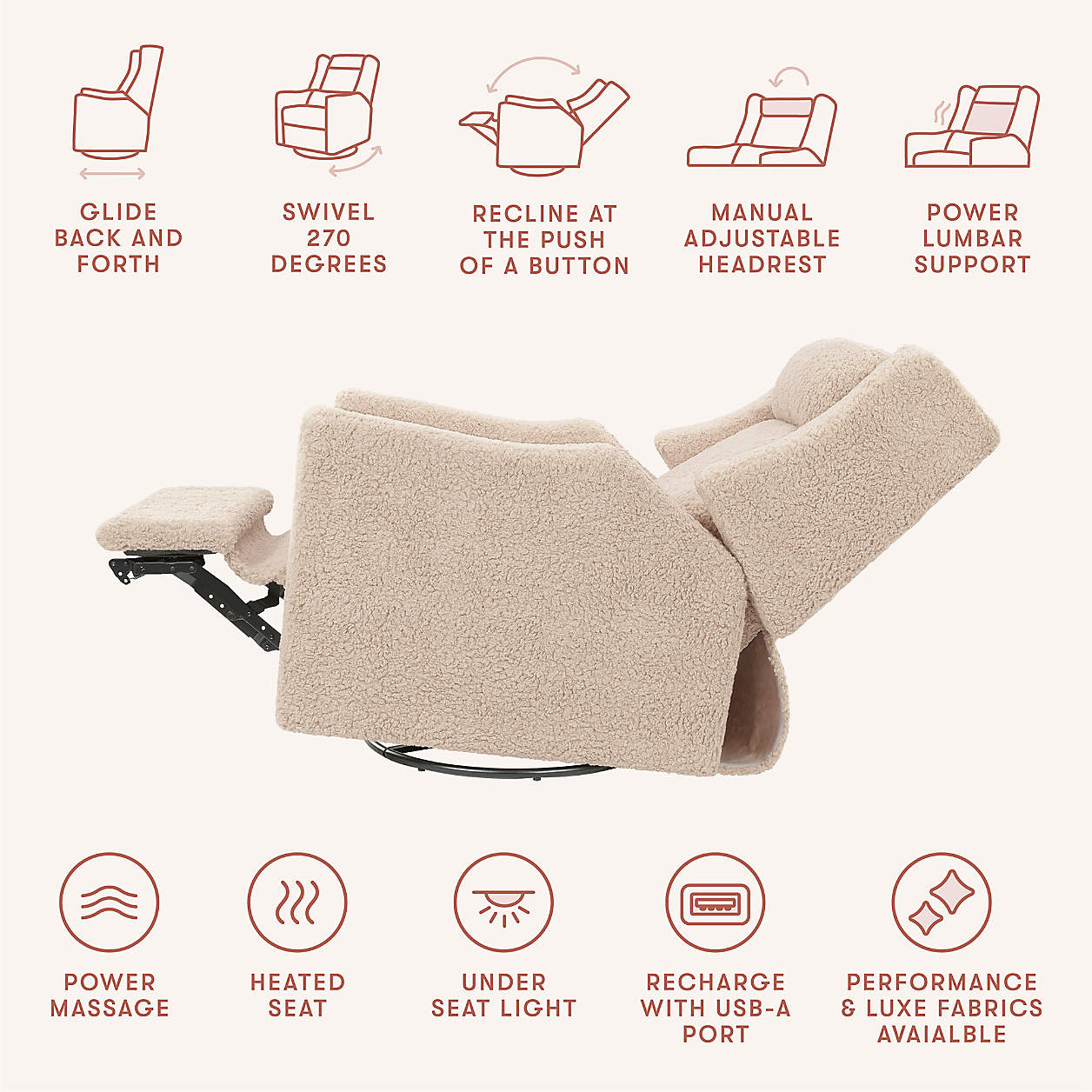 Babyletto Kiwi Deluxe Chai Shearling Nursery Electronic Swivel Glider Power Recliner with Heat Message