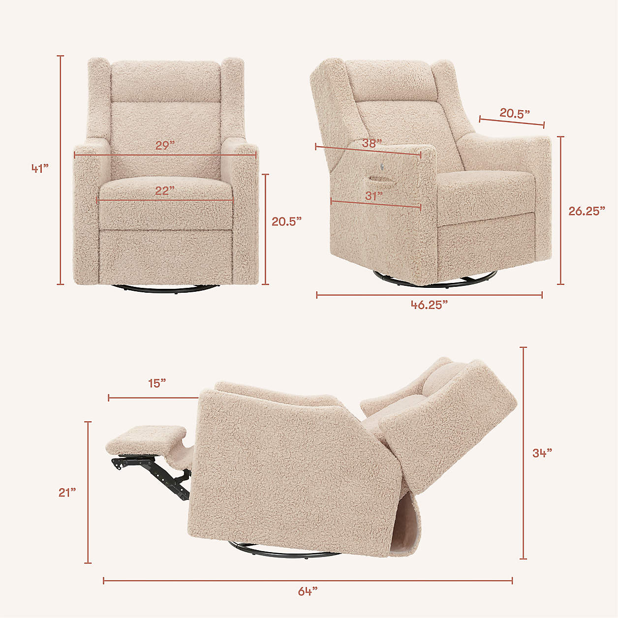 Babyletto Kiwi Deluxe Chai Shearling Nursery Electronic Swivel Glider Power Recliner with Heat Message