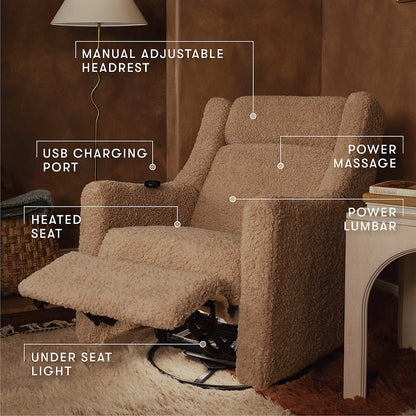 Babyletto Kiwi Deluxe Chai Shearling Nursery Electronic Swivel Glider Power Recliner with Heat Message